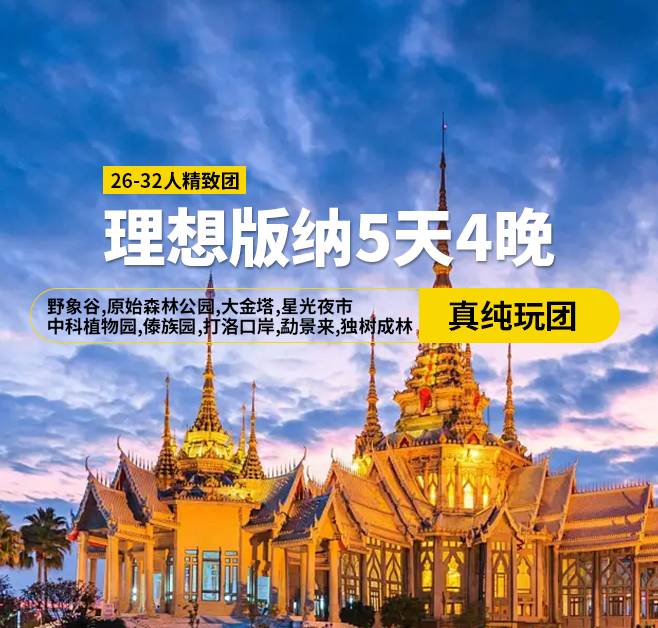 理想版納5天4晚純玩，26-32人精致團，野象谷，原始森林公園，大金塔，星光夜市，中科植物園，傣族園，打洛口岸，勐景來，獨樹成林